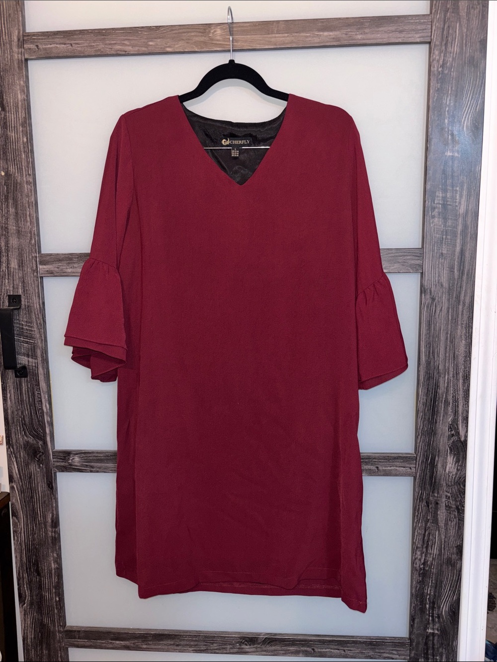 Deep Red V-Neck Bell Sleeve dress